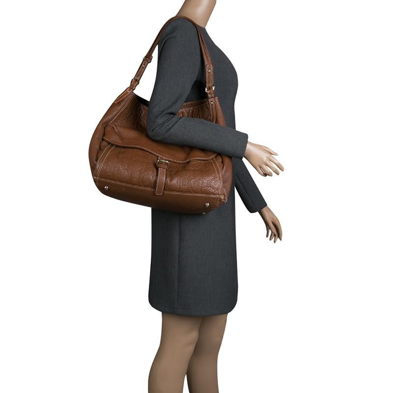 Carolina Herrera Brown Monogram Leather Shoulder Bag In Good Condition In Dubai, Al Qouz 2