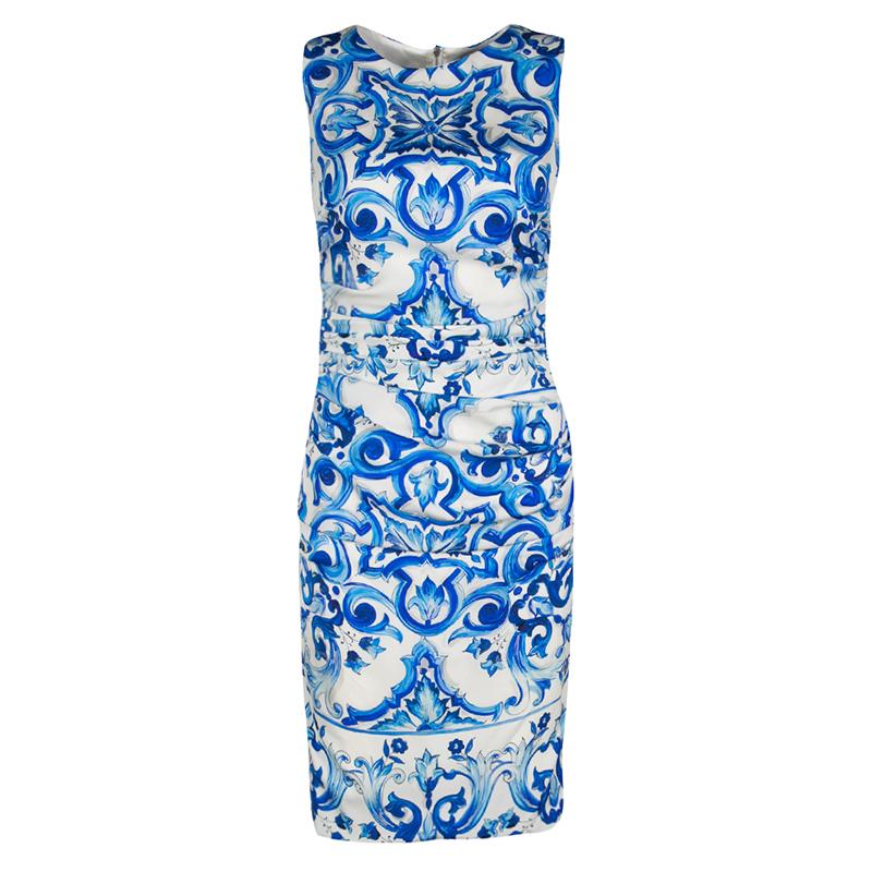 Dolce and Gabbana Blue and White Majolica Printed Silk Ruched Sleeveless Dress S