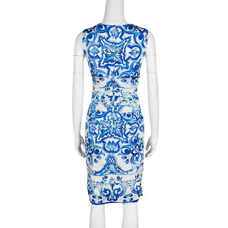 Dolce and Gabbana Blue and White Majolica Printed Silk Ruched