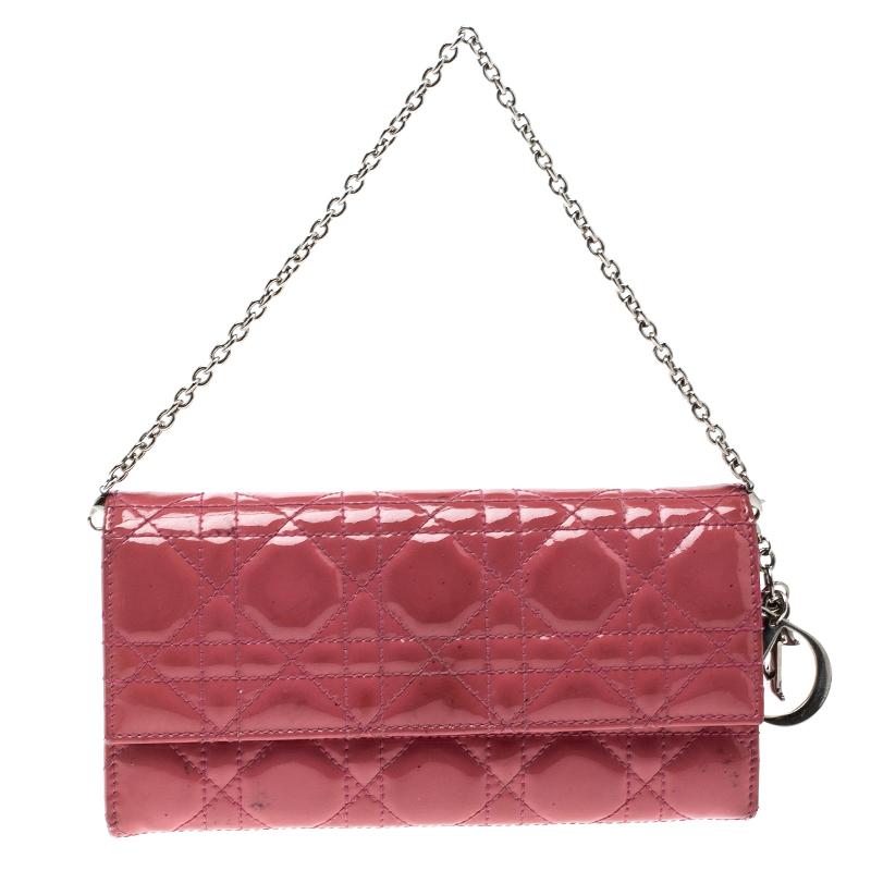 Dior Pink Cannage Patent Leather Wallet on Chain