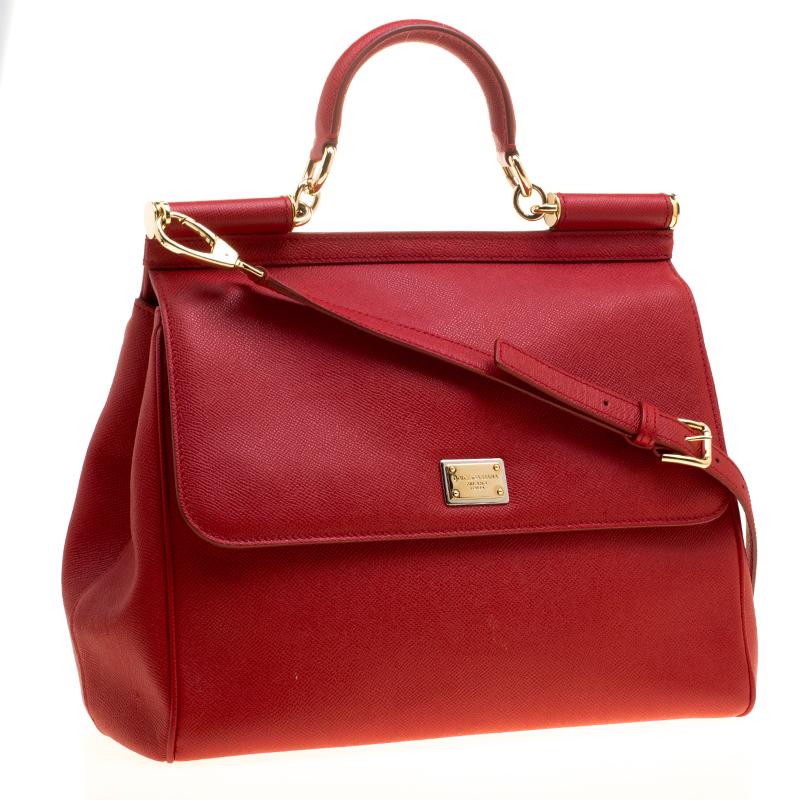 Women's Dolce and Gabbana Red Leather Large Miss Sicily Top Handle Bag