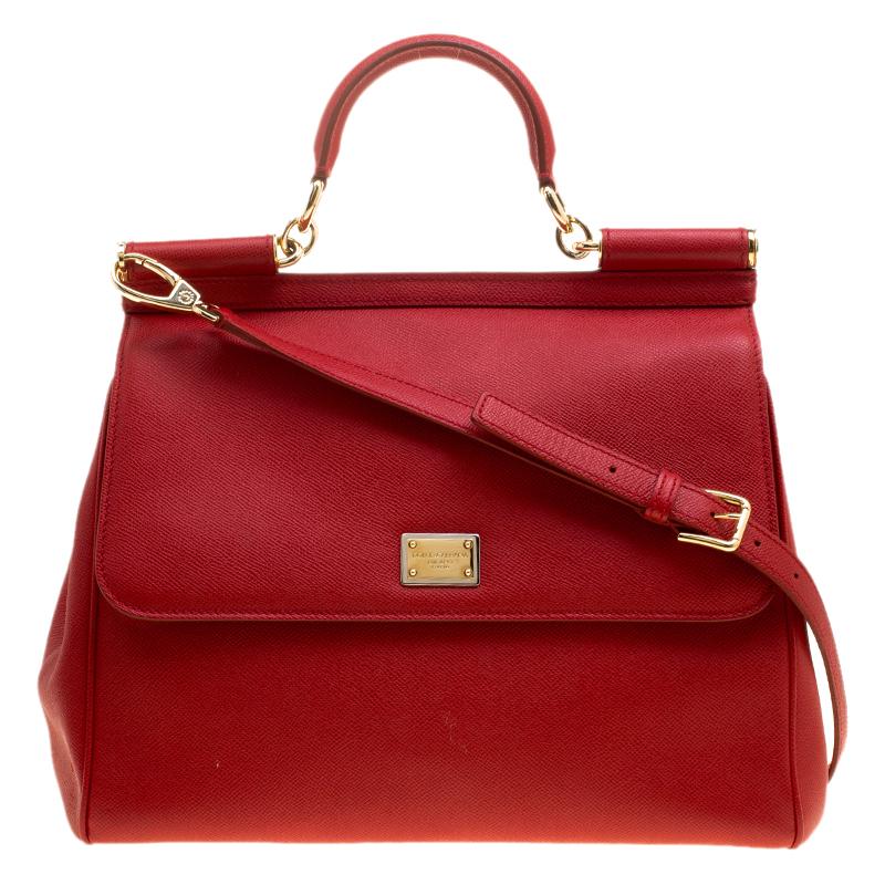 Dolce and Gabbana Red Leather Large Miss Sicily Top Handle Bag