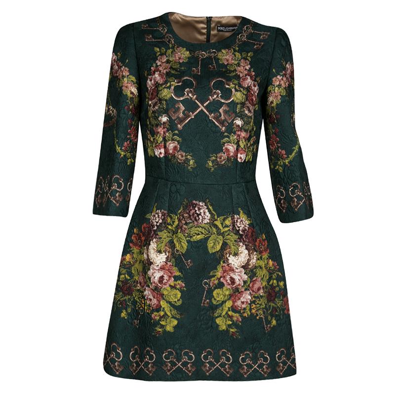 Dolce and Gabbana Bottle Green Floral And Key Print Embossed Jacquard Dress S
