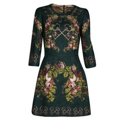 Dolce and Gabbana Bottle Green Floral And Key Print Embossed Jacquard Dress S