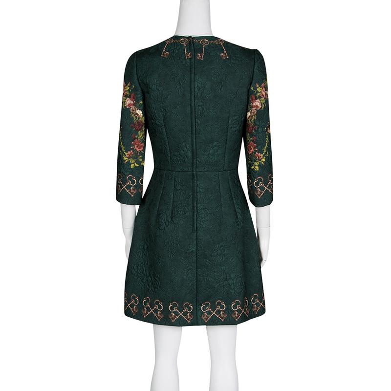 Black Dolce and Gabbana Bottle Green Floral And Key Print Embossed Jacquard Dress S