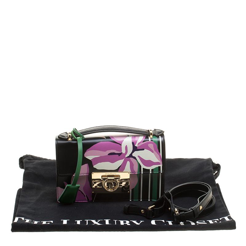 Salvatore Ferragamo Black Floral Painted Leather Aileen Top Handle Bag 2
