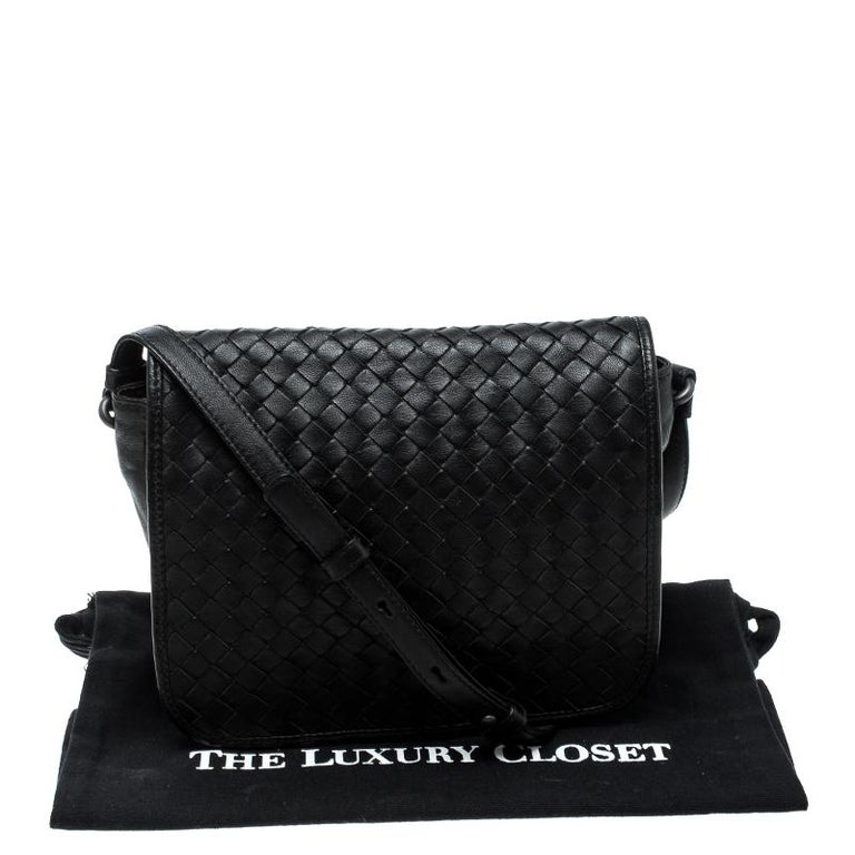Bottega Veneta Black Intrecciato Leather Full Flap Crossbody Bag at