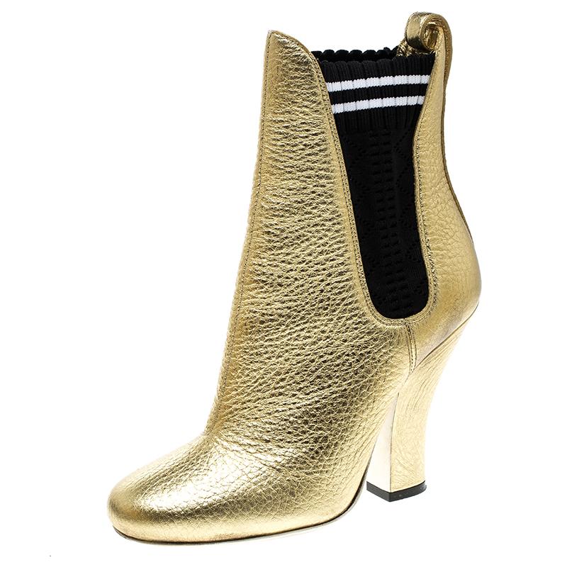 Fendi Metallic Gold Textured Leather Ankle Boots Size 35