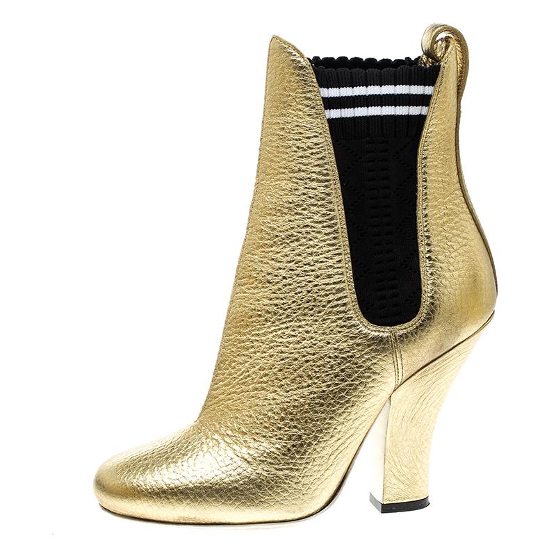 Fendi Metallic Gold Textured Leather Ankle Boots Size 35 1