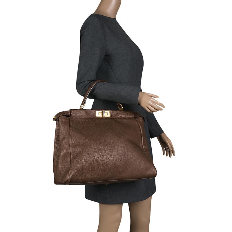 Fendi Brown Leather Large Peekaboo Top Handle Bag In Good Condition In Dubai, Al Qouz 2