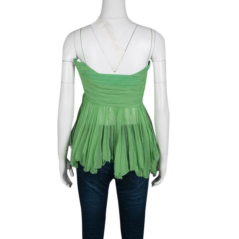 Chloe Green Pleated Crinkled Chiffon Noodle Strap Top S In Excellent Condition In Dubai, Al Qouz 2