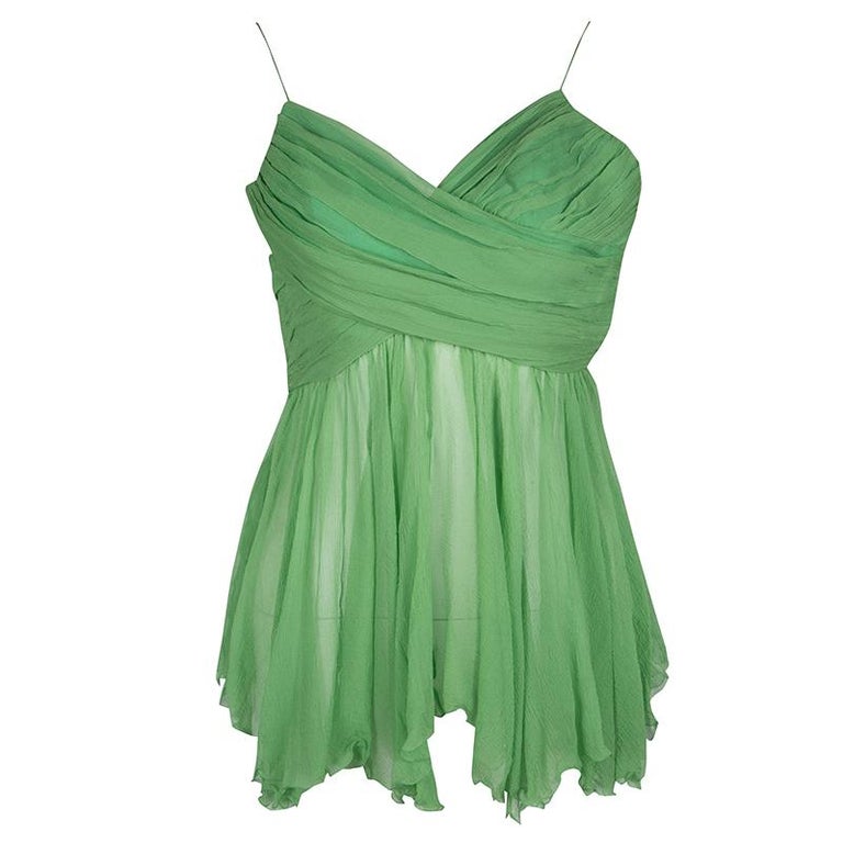 Chloe Green Pleated Crinkled Chiffon Noodle Strap Top S at 1stDibs