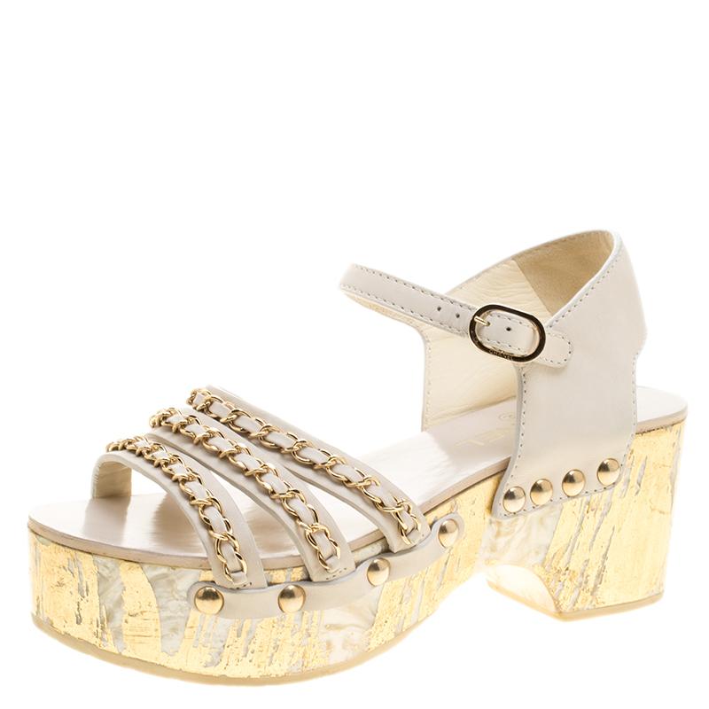 Chanel White Leather Chain Detail Ankle Strap Platform Sandals Size 37