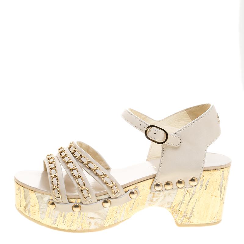 Women's Chanel White Leather Chain Detail Ankle Strap Platform Sandals Size 37