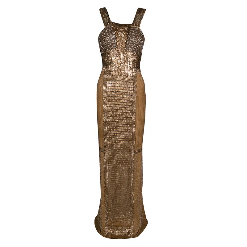Gianfranco Ferre Dull Gold Embellished Sleeveless Evening Gown M