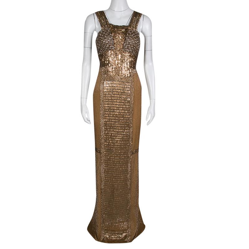 Brown Gianfranco Ferre Dull Gold Embellished Sleeveless Evening Gown M