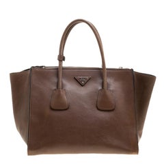 Prada Brown Leather Twin Pocket Double Handle Tote