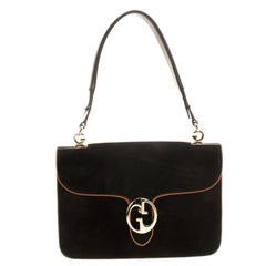 Gucci Black Suede Medium 1973 Double G Shoulder Flap Bag