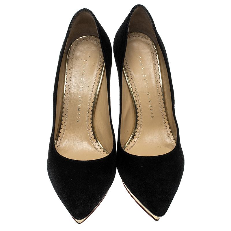Designed with love, this pair of Charlotte Olympia pumps will make you dazzle everyone whenever you step out! Crafted out of suede in a classy black shade and lined with leather on the insides, this number is from their Dotty collection. They've