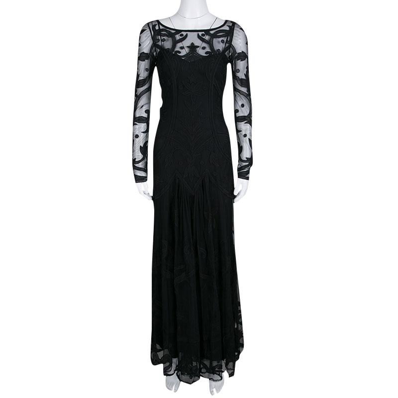Temperley London Black Embroidered Tulle Long Sleeve Francine Gown M In Good Condition In Dubai, Al Qouz 2