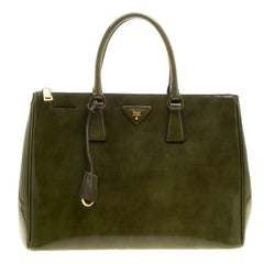 Prada Olive Green Patent Spazzolato Leather Large Double Zip Tote