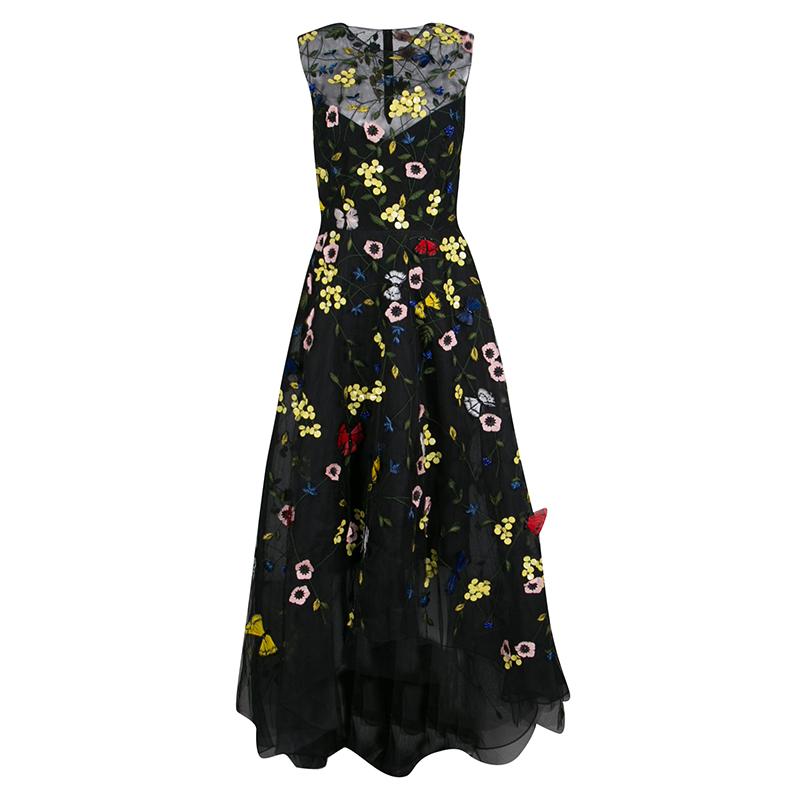 Monique Lhuillier Black Floral and Butterfly Applique High Low Tulle Gown S