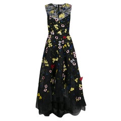 Monique Lhuillier Black Floral and Butterfly Applique High Low Tulle Gown S