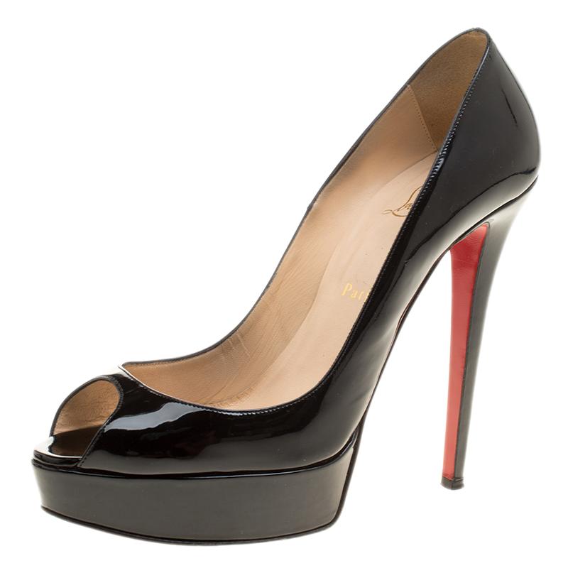 Christian Louboutin Black Patent Leather Lady Peep Toe Platform Pumps Size 40