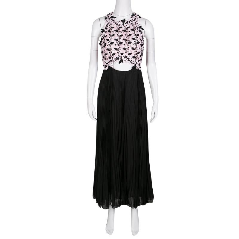 Black Giambattista Valli Floral Lace Cutout Waist Detail Plisse Maxi Dress M