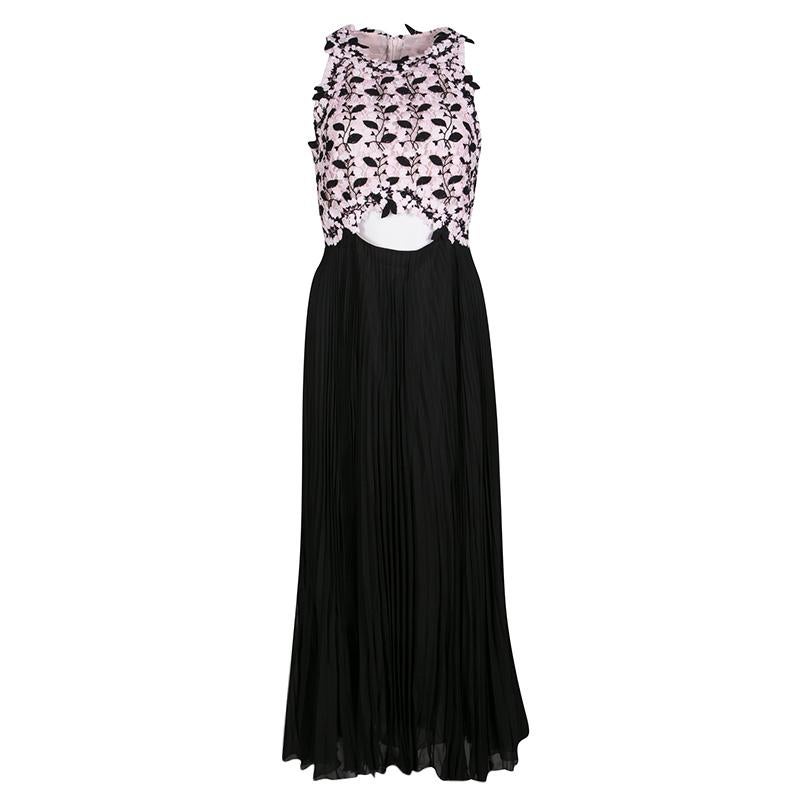 Giambattista Valli Floral Lace Cutout Waist Detail Plisse Maxi Dress M