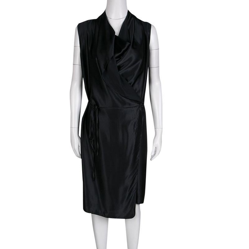 Lanvin Black Draped Silk Satin Sleeveless Belted Dress M In Good Condition In Dubai, Al Qouz 2
