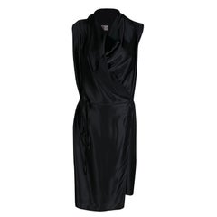 Lanvin Black Draped Silk Satin Sleeveless Belted Dress M