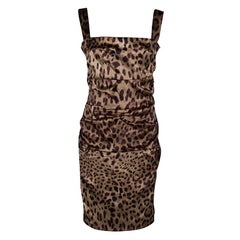 Dolce and Gabbana Leopard Printed Satin Ruched Sleeveless Dress L