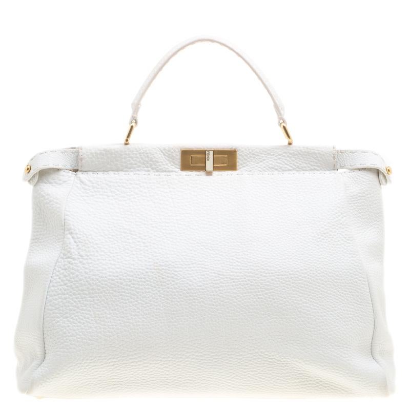 Fendi White Leather Large Peekaboo Top Handle Bag