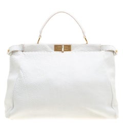 Used Fendi White Leather Large Peekaboo Top Handle Bag