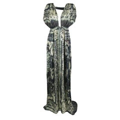 Balmain Grey Printed Silk Plunge Neck Maxi Dress S