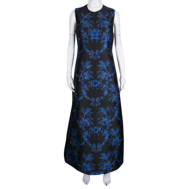 Stella McCartney Black and Blue Embellished Floral Jacquard Angelica Gown M In Good Condition In Dubai, Al Qouz 2