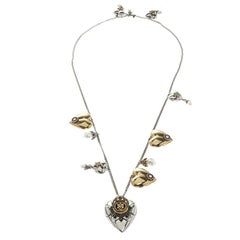 Alexander McQueen Heart Openable Locket Charms Two Tone Metal Long Necklace