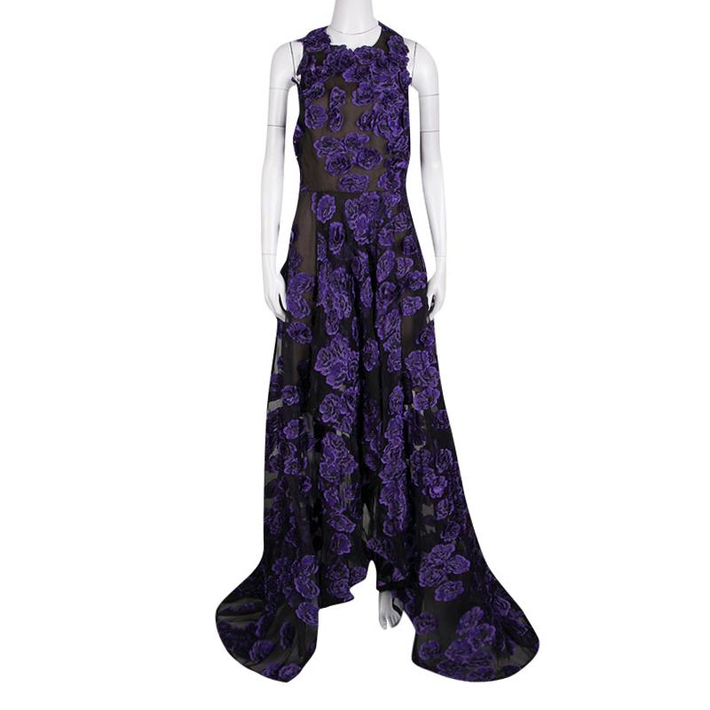 Black Jason Wu Purple Floral Applique and Jacquard High Low Gown M