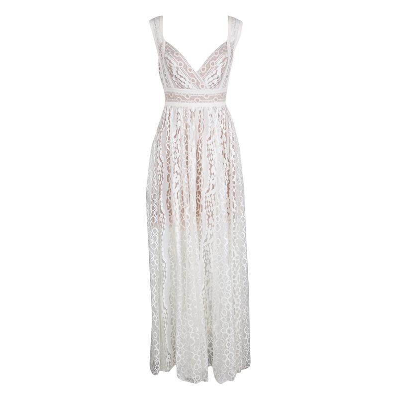 Elie Saab White Embroidered Lace Sleeveless Maxi Dress S