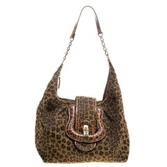 Fendi Brown/Black Leopard Print Canvas B Buckle Hobo