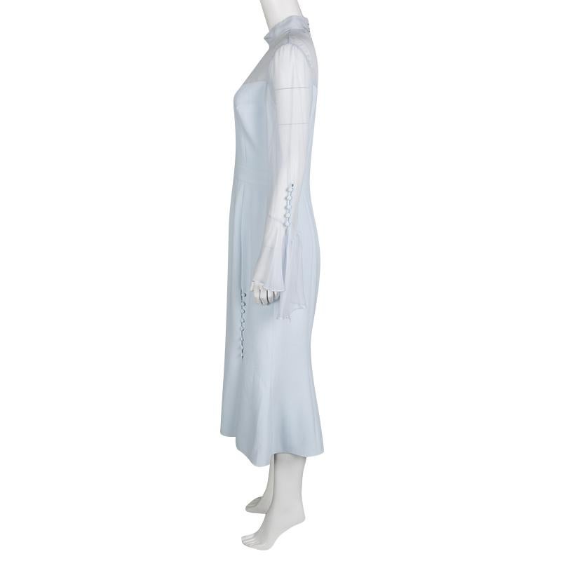 Prabal Gurung Powder Blue Sheer Sleeve Side Button Detail Dress M In Good Condition In Dubai, Al Qouz 2