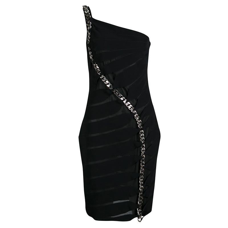 Tom Ford Black Cutout Detail Chain Embellished One Shoulder Dress M