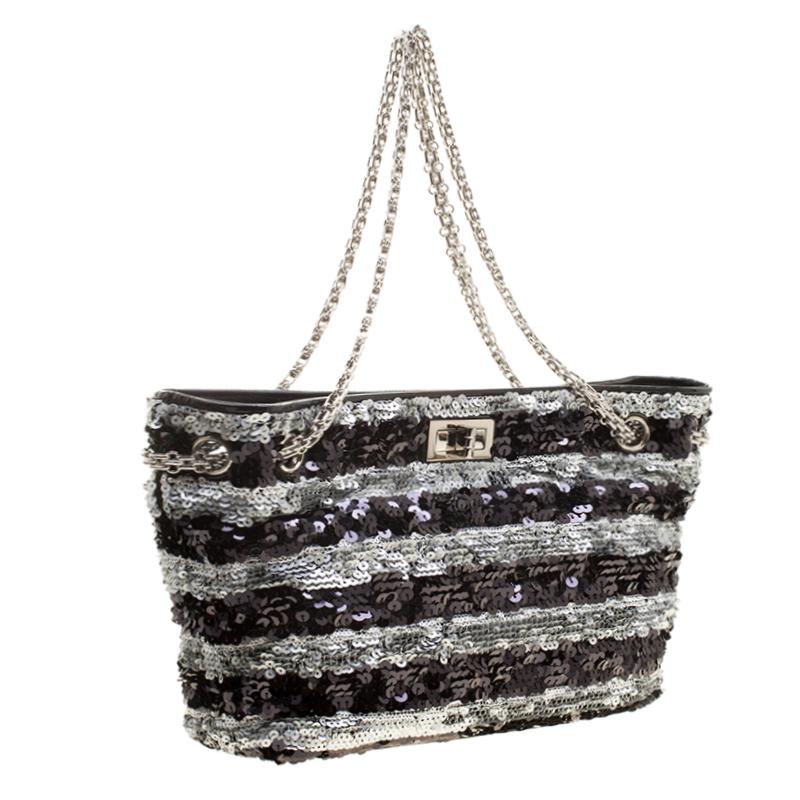 Chanel Black/Silver Stripe Sequins Reissue Shoulder Bag 2