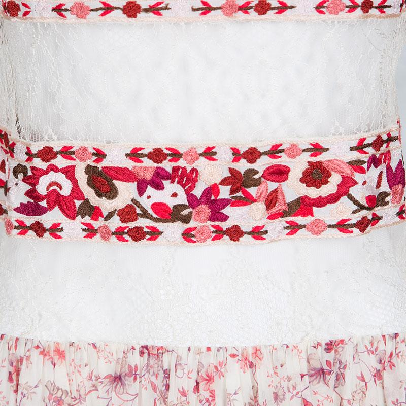 White Etro Cream and Red Floral Embroidered Paneled Lace Sheer Maxi Dress M