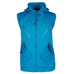 Chanel Blue Jersey Nylon Trim Sleeveless Zip Front Hooded Jacket L