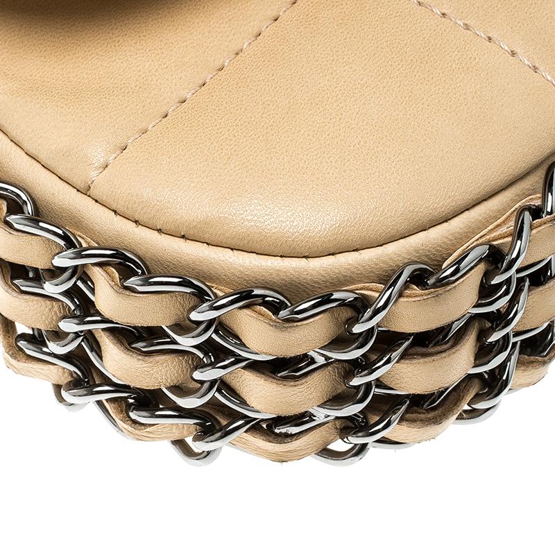 Chanel Beige Leather Triple Chain Chocolate Bar Flap Shoulder Bag 4