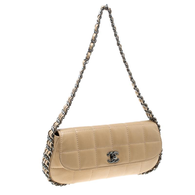 Chanel Beige Leather Triple Chain Chocolate Bar Flap Shoulder Bag 5