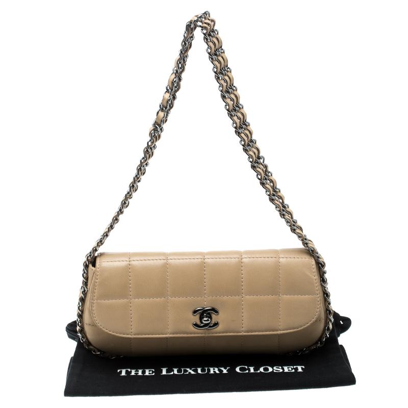 Chanel Beige Leather Triple Chain Chocolate Bar Flap Shoulder Bag 1