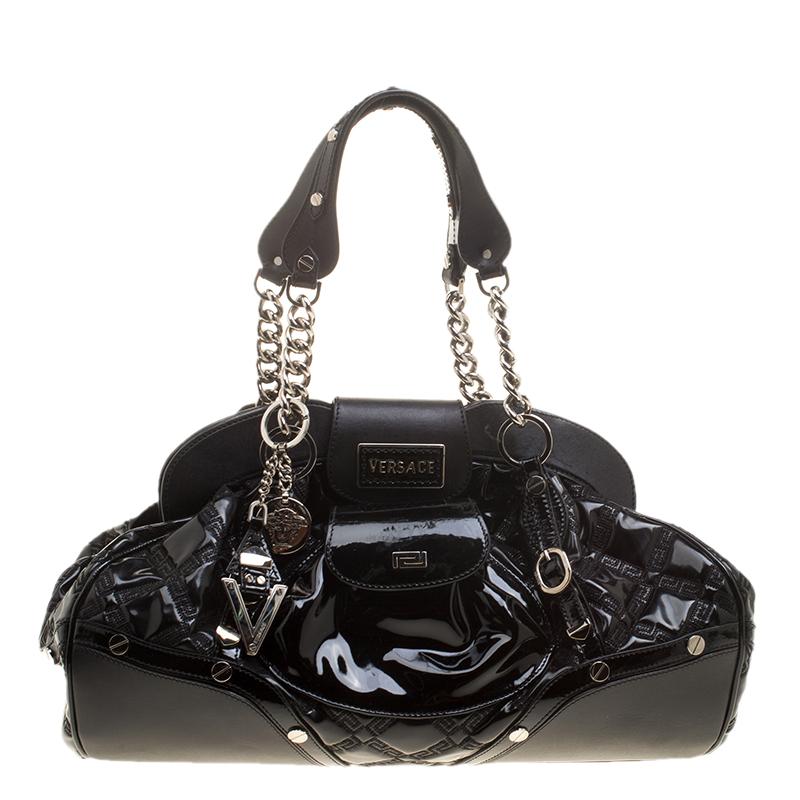 Versace Black Patent Leather Chain Link Satchel